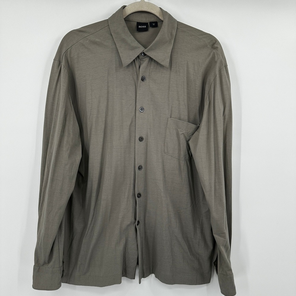 HUGO BOSS Long Sleeve Button Up Shirt Men's Size Large Gray Made in Italy